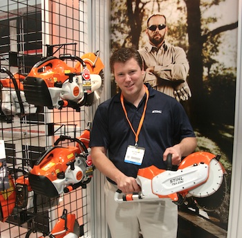 Stihl industrial product manager Dan Pherson was fielding a lot of interest in the smallest tool in the booth, Stihl’s recently released TSA 230, a 36-volt, cordless, Lithium-ion powered cut-off machine.