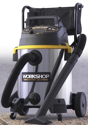 The Workshop Stainless Steel Cart Vac features 6.5 peak hp, a 16-gallon drum, 2.5-inch hose and accessories and a five-year limited warranty. 