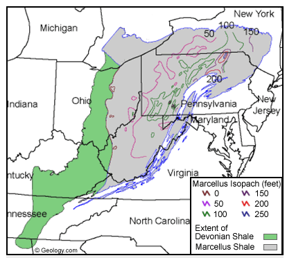 This map from Geology.com shows the range of the Marcellus shale field. 